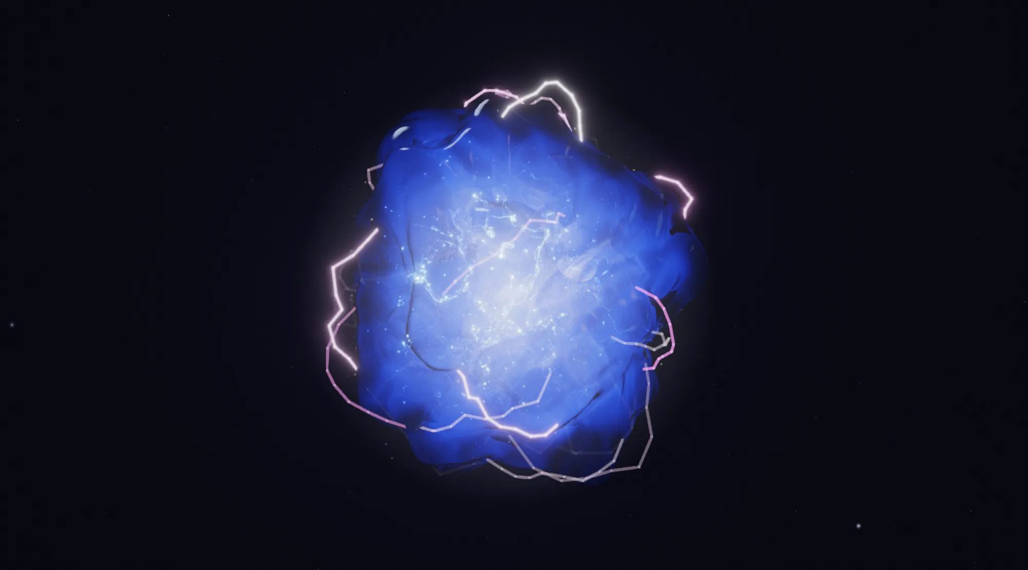 Kora en tenue « électrique » : l'orbe bleue entourée d'arcs lumineux roses