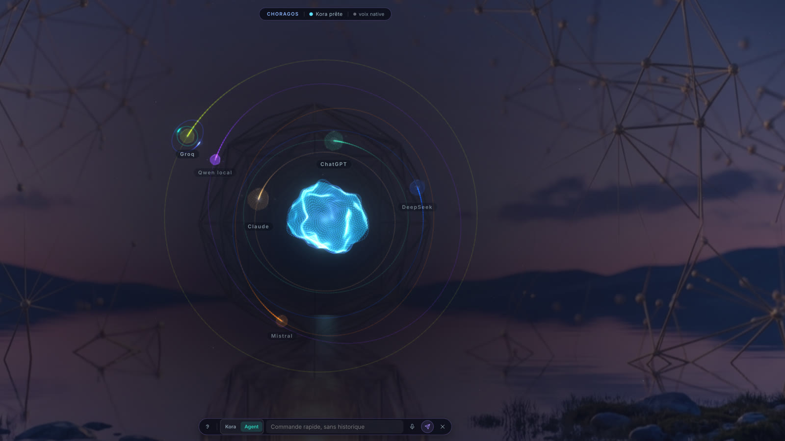 Choragos — Kora au centre de sa constellation d'agents, orbites visibles