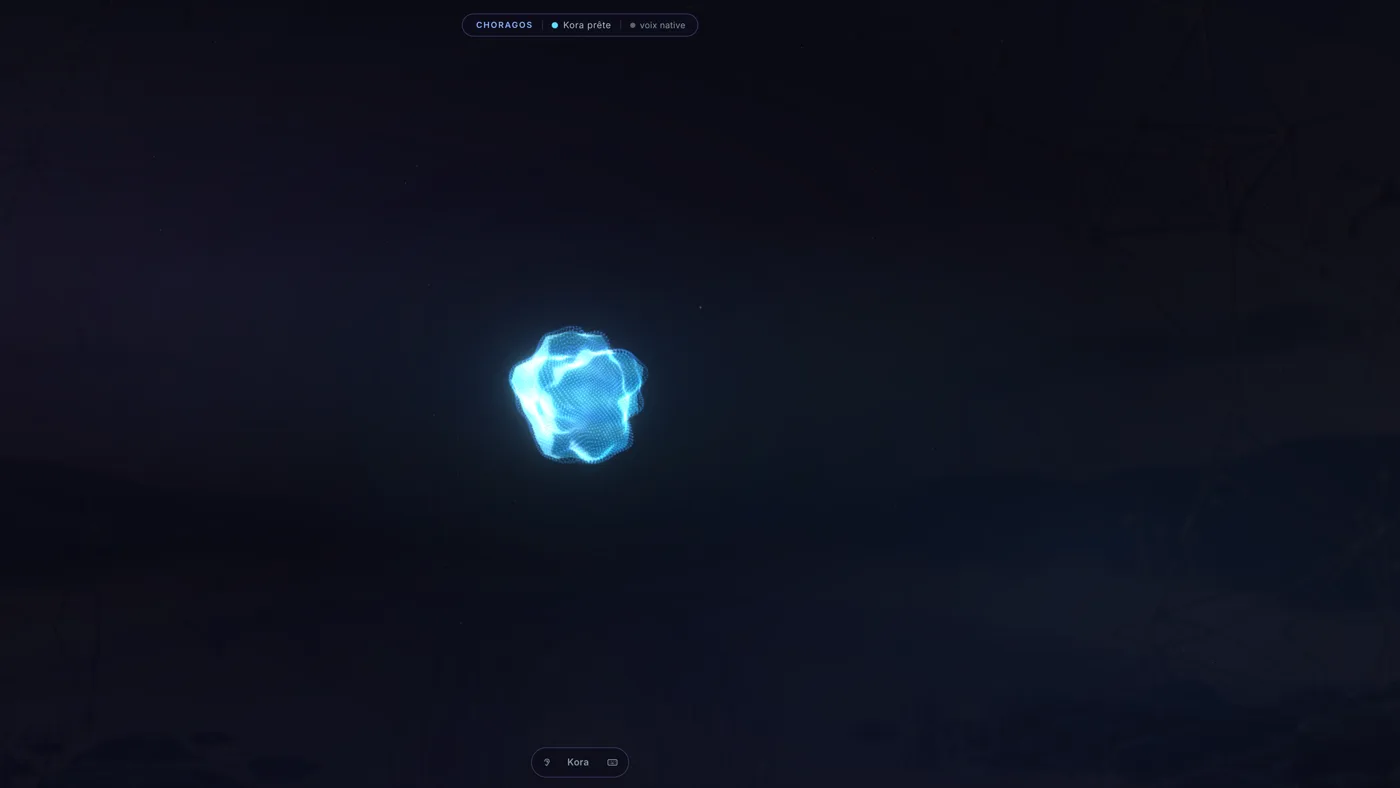 Kora seule au lancement de Choragos, avant l'appel des agents