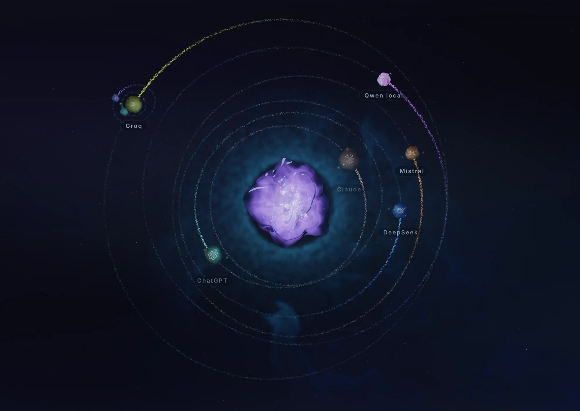 Kora en mode recherche : l'orbe devenue violette, le système solaire des agents déployé, le HUD réduit