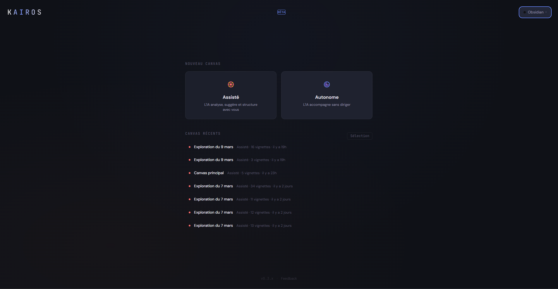 &Eacute;cran d'accueil KAIROS — modes Assist&eacute; et Autonome