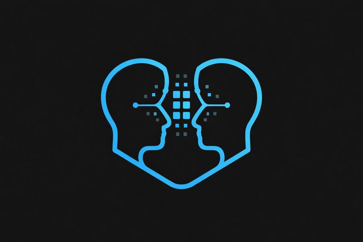 Interaction humain-IA — deux silhouettes connectées par des données